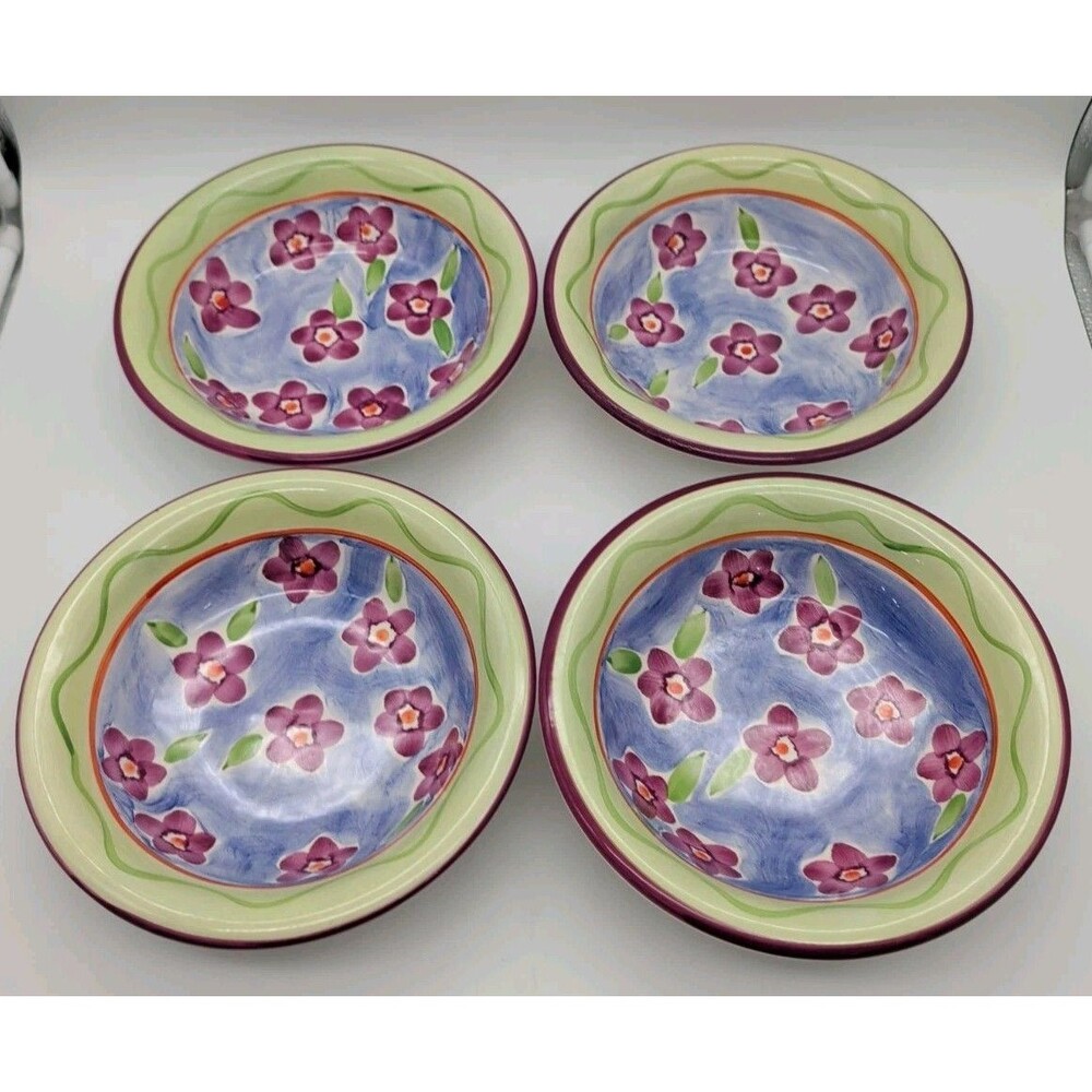 4 Vtg CIC Coupe Soup Bowls Green Rim Pink Flowers